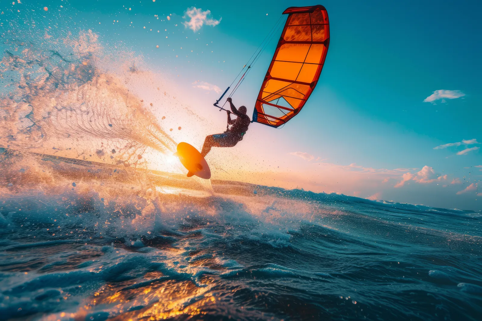 Kiter in salto al tramonto con kite arancio